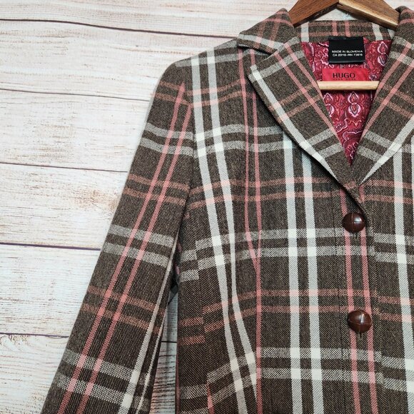 Hugo Boss Women’s Plaid Wool Blend Blazer Pockets Size US 4 Brown Gray - Picture 3 of 13